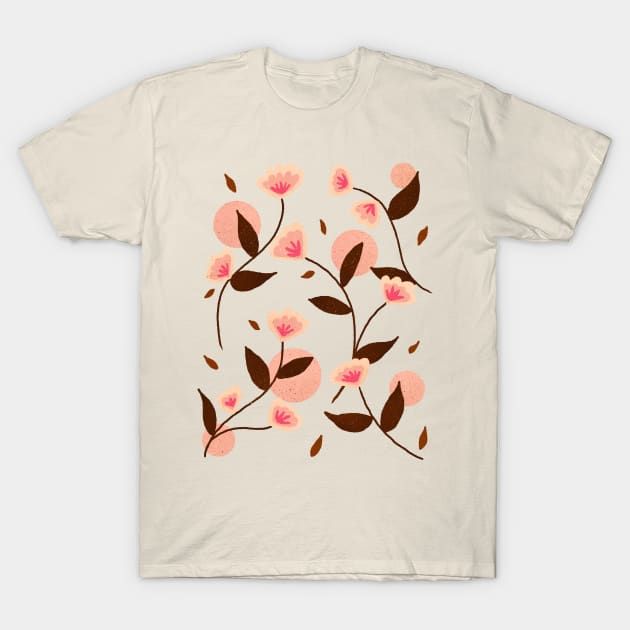 Retro pink and brown floral pattern T-Shirt by Home Cyn Home 